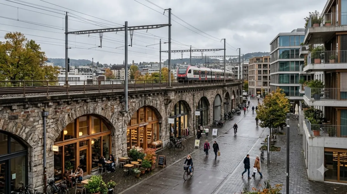Converted railway viaduct arches with shops in the former industrial district of Zurich West