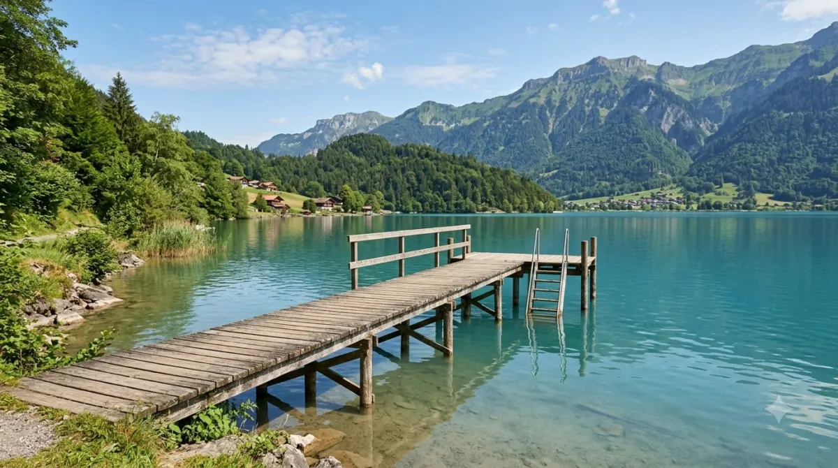 A wooden swimming jetty on Lake Zurich with trees and hills behind