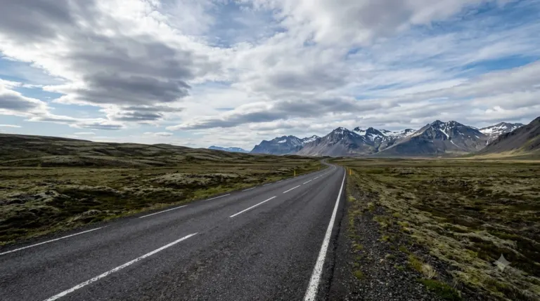 An empty two-lane road running across a bare Icelandic landscape towards distant mountains