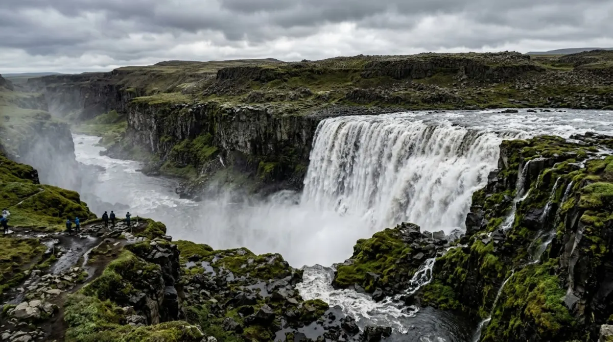 A tall waterfall falling over a dark basalt cliff in south Iceland
