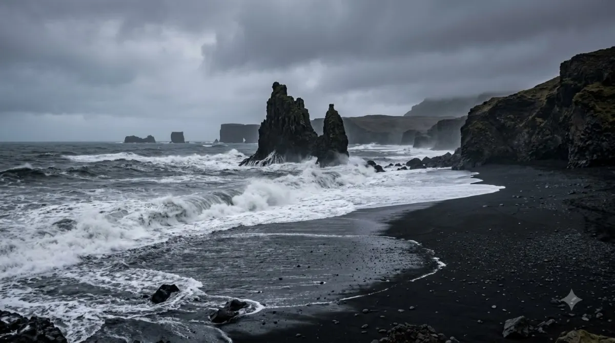 Black volcanic sand beach with basalt sea stacks and grey Atlantic surf in Iceland