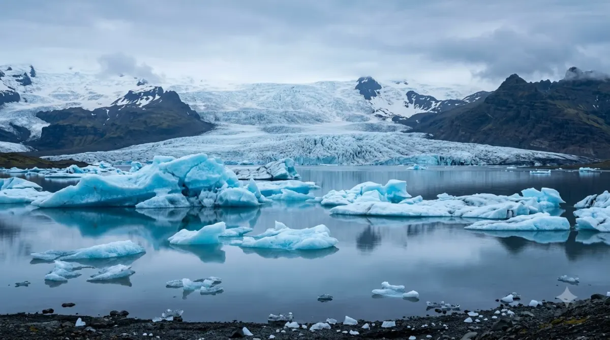 Blue icebergs floating on a glacier lagoon with a glacier tongue behind, Iceland