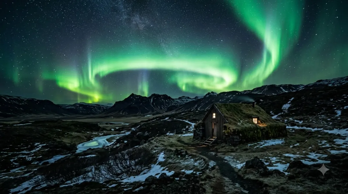 Green northern lights over a dark Icelandic landscape with snow on the ground
