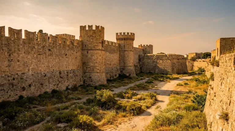 The medieval stone walls and towers of Rhodes Old Town above a dry moat, Greece