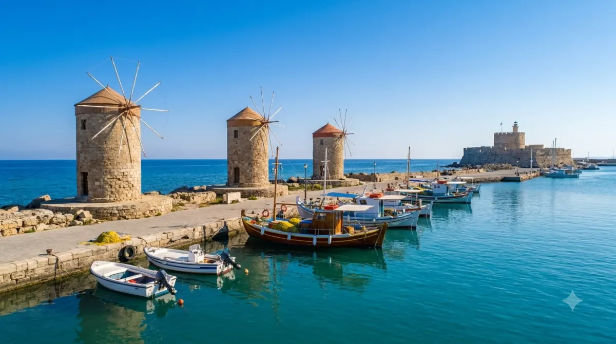A small harbour with stone windmills on the jetty and fishing boats at Mandraki, Rhodes