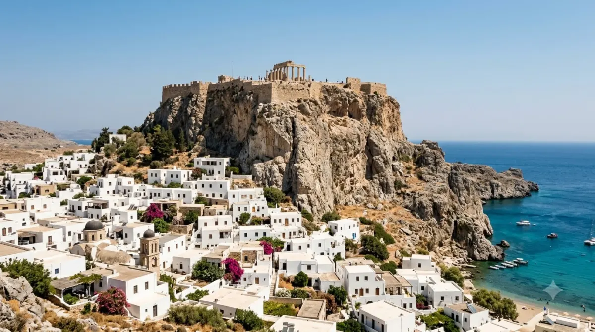 A white cubic village below a rocky acropolis with ancient columns at Lindos, Rhodes