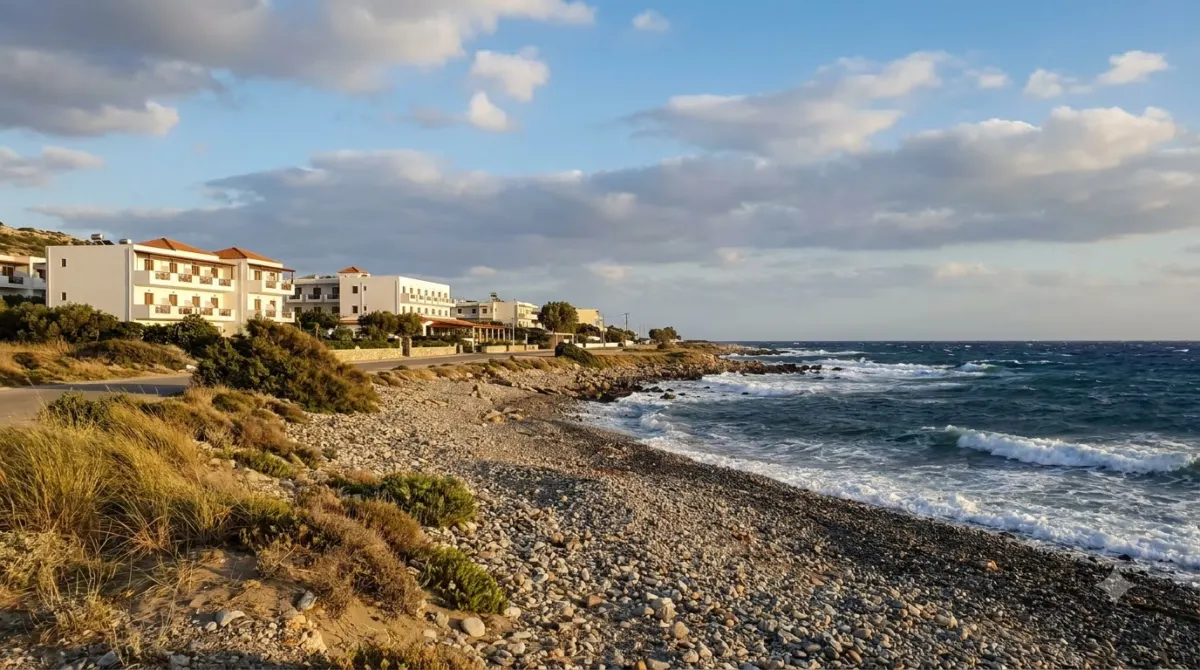 A pebbly windswept coastline with white caps on the sea and hotels along the shore, west coast of Rhodes