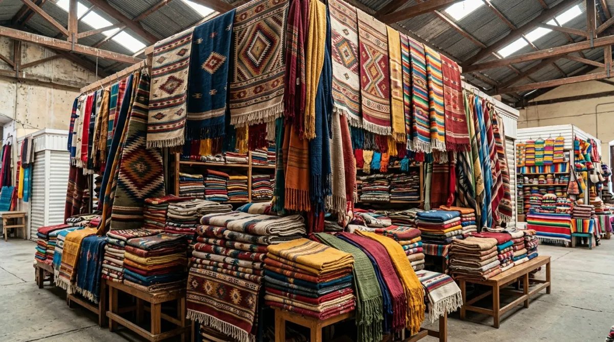 Stacks of brightly coloured handwoven textiles and rugs in a covered market, Oaxaca, Mexico