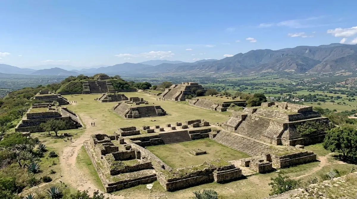 Ancient stone platforms and pyramids of a hilltop archaeological site above a wide green valley, Monte Albán, Oaxaca, Mexico