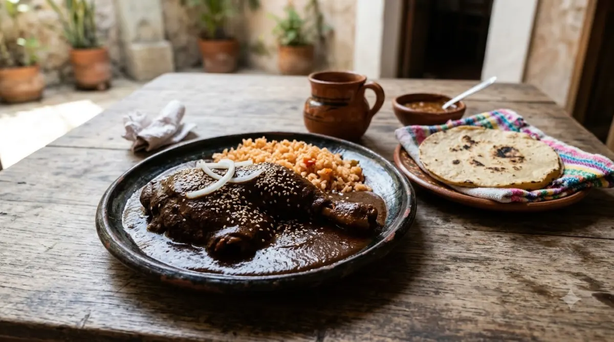 A plate of dark mole sauce over chicken with rice and a warm tortilla on a rustic table, Oaxaca, Mexico