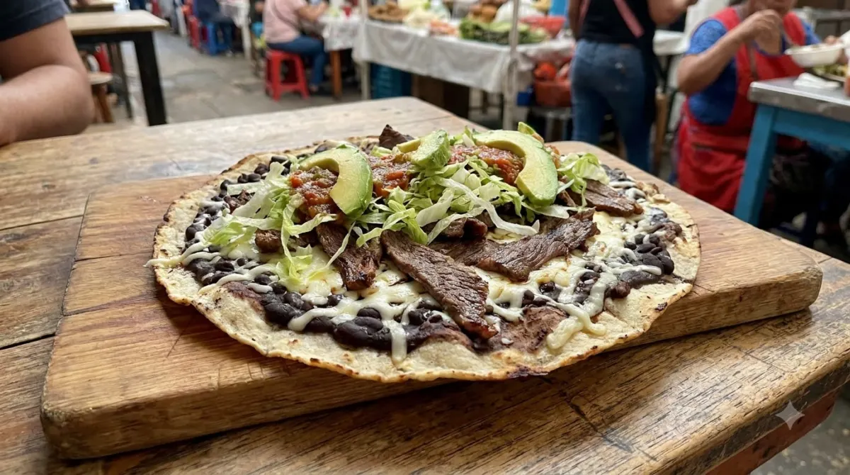 A large crisp tortilla topped with beans, cheese and meat on a wooden board, tlayuda, Oaxaca, Mexico