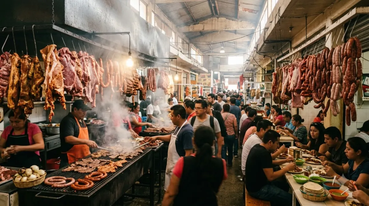 Busy covered market food aisle with grills, hanging meat and steam, Oaxaca, Mexico