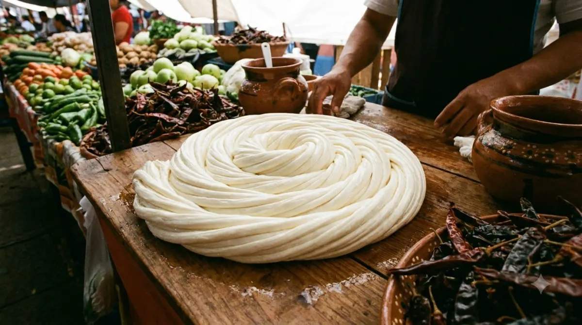 A coil of white string cheese on a market stall counter, quesillo, Oaxaca, Mexico