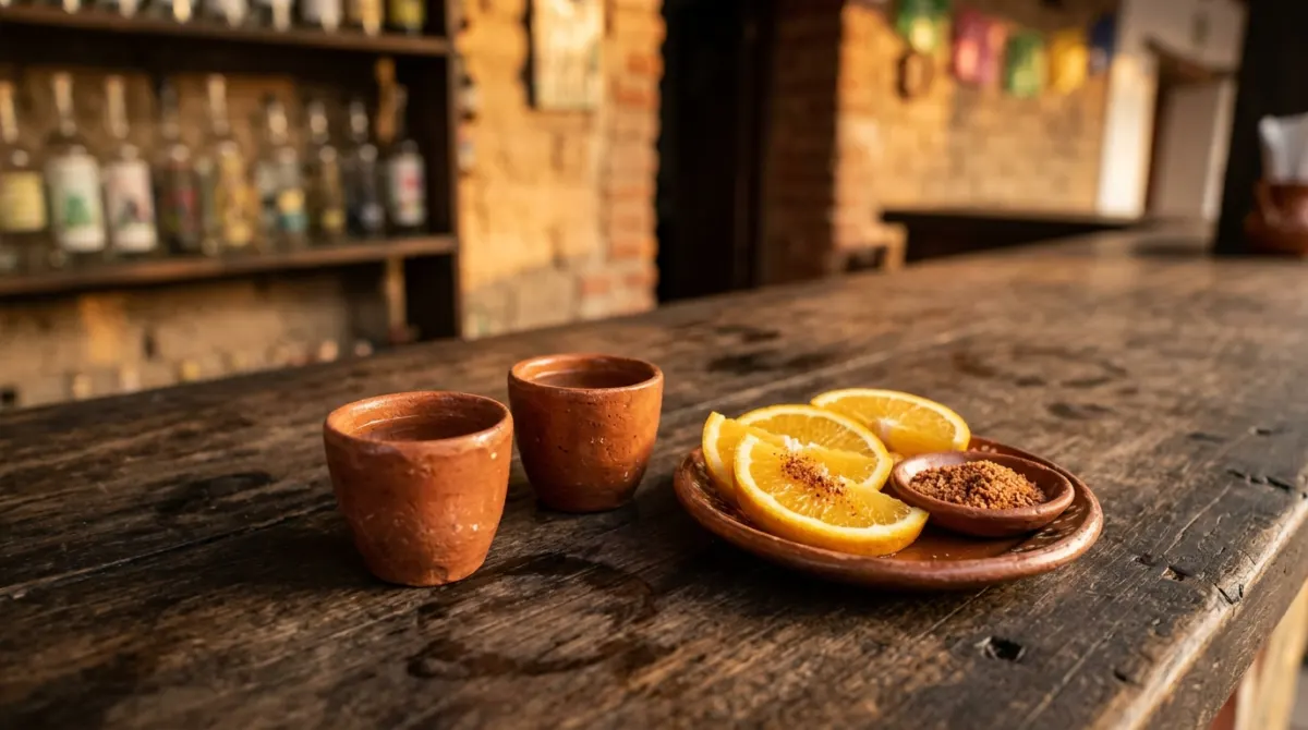 Two small clay cups of mezcal beside orange slices and worm salt on a wooden bar, Oaxaca, Mexico
