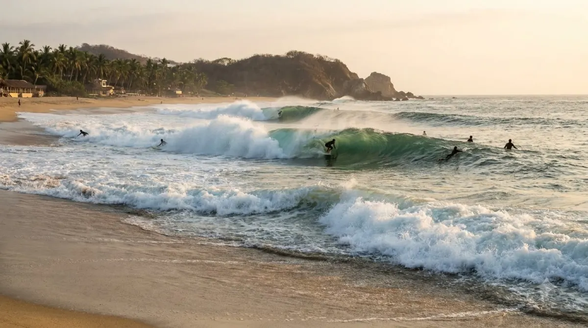 Large barrelling waves breaking on a sandy beach with surfers in the water, Puerto Escondido, Mexico