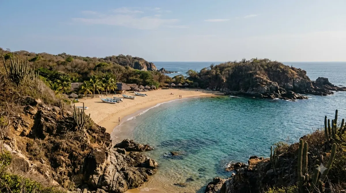 A small sandy cove between rocky headlands with calm turquoise water, Mazunte, Oaxaca, Mexico