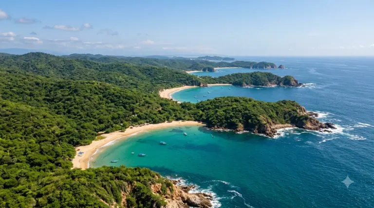 A coastline of several sheltered bays with green forested hills meeting turquoise water, Huatulco, Oaxaca, Mexico