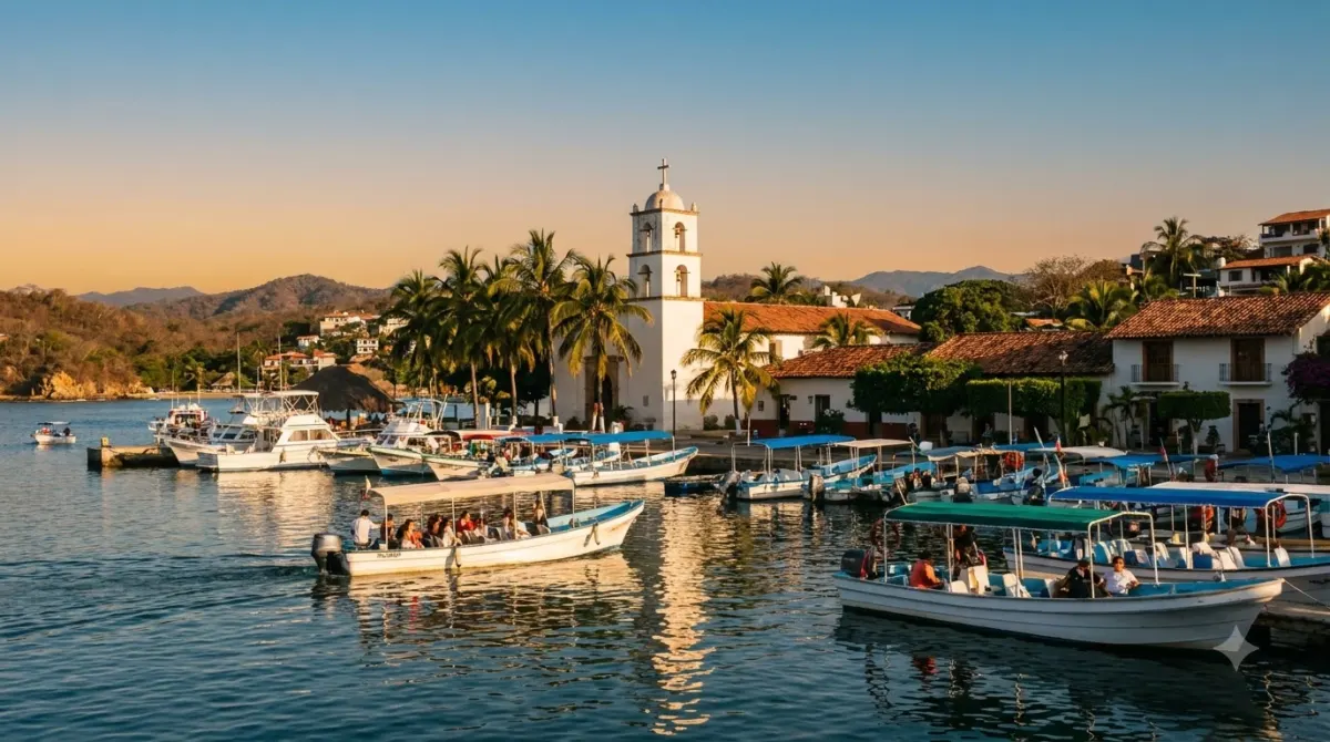 A small marina with tour boats and a low white church tower behind, Santa Cruz Huatulco, Mexico