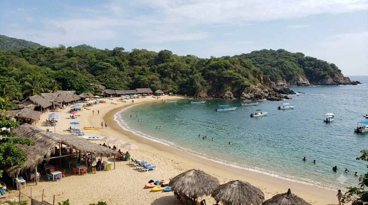 A calm crescent beach with palapa restaurants along the sand and forested headlands, Bahia Maguey, Huatulco, Mexico