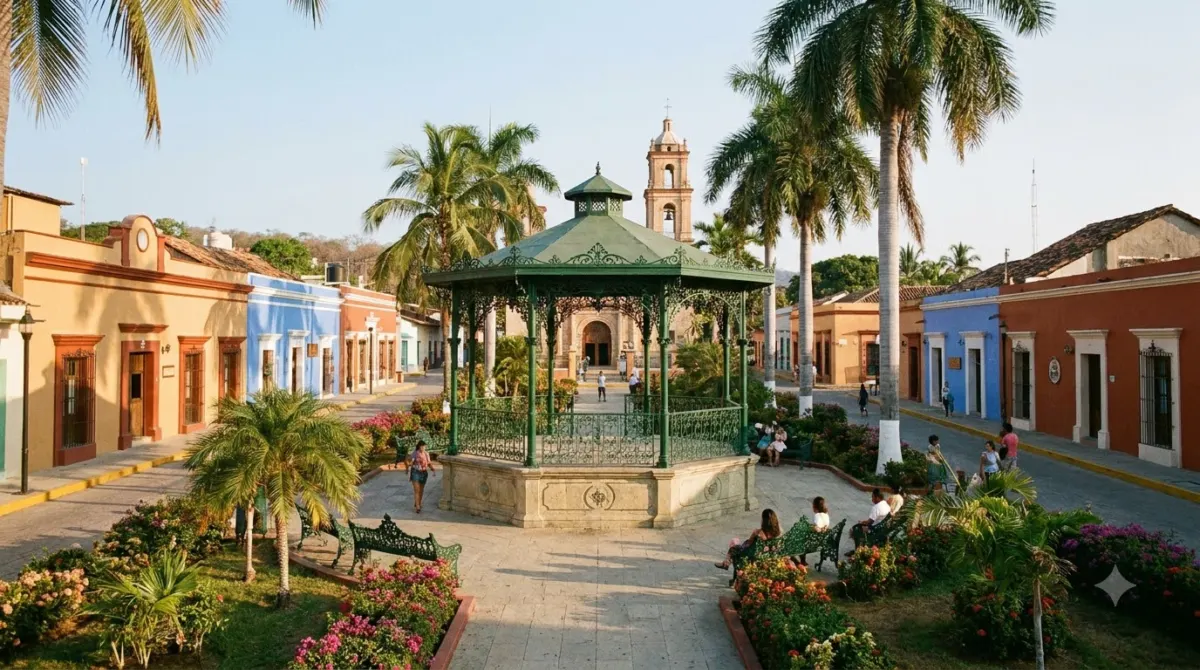 A small town square with a bandstand, painted low buildings and palm trees, La Crucecita, Huatulco, Mexico
