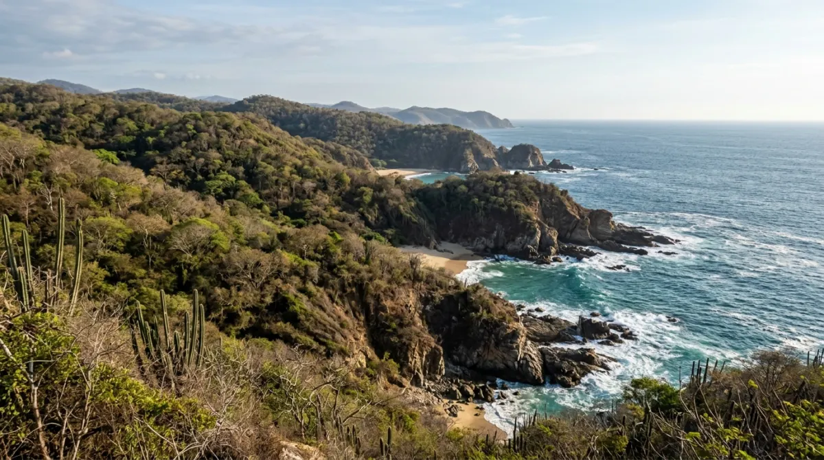 Rocky coastline with dry tropical forest running down to the sea and no development, Huatulco national park, Mexico