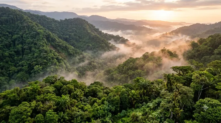 Dense green rainforest canopy on steep hills with mist rising, Costa Rica