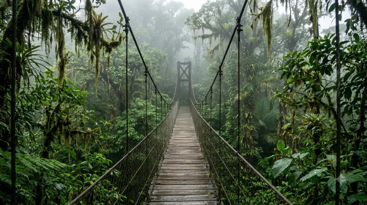 A suspension bridge through misty cloud forest canopy with hanging moss, Costa Rica