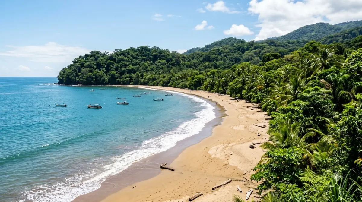 A curved sandy beach backed by dense jungle meeting the water, Pacific coast, Costa Rica