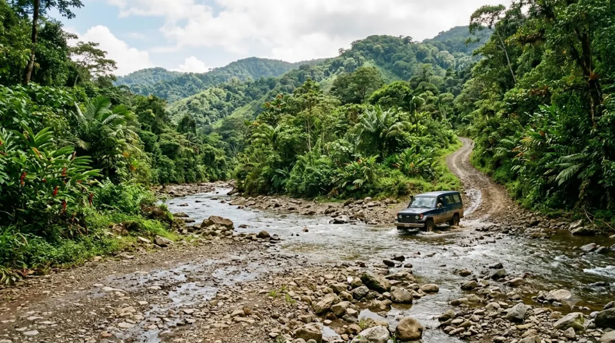 A rough gravel road crossing a shallow river through green hills, Costa Rica