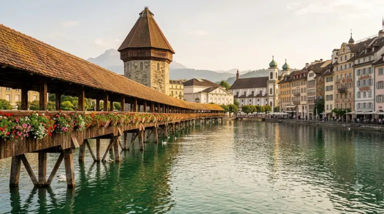 A covered wooden bridge with a stone water tower crossing a green river with old town buildings behind, Lucerne, Switzerland