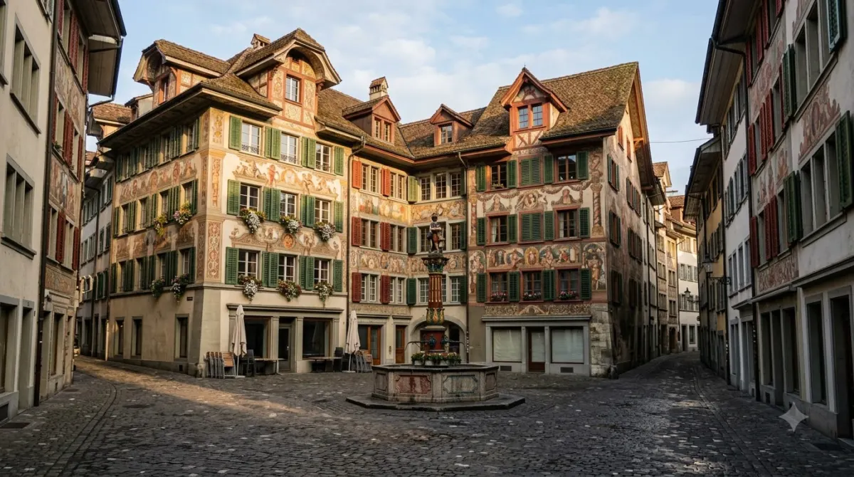 A small square of painted historic buildings with frescoes and shuttered windows in the Altstadt of Lucerne, Switzerland