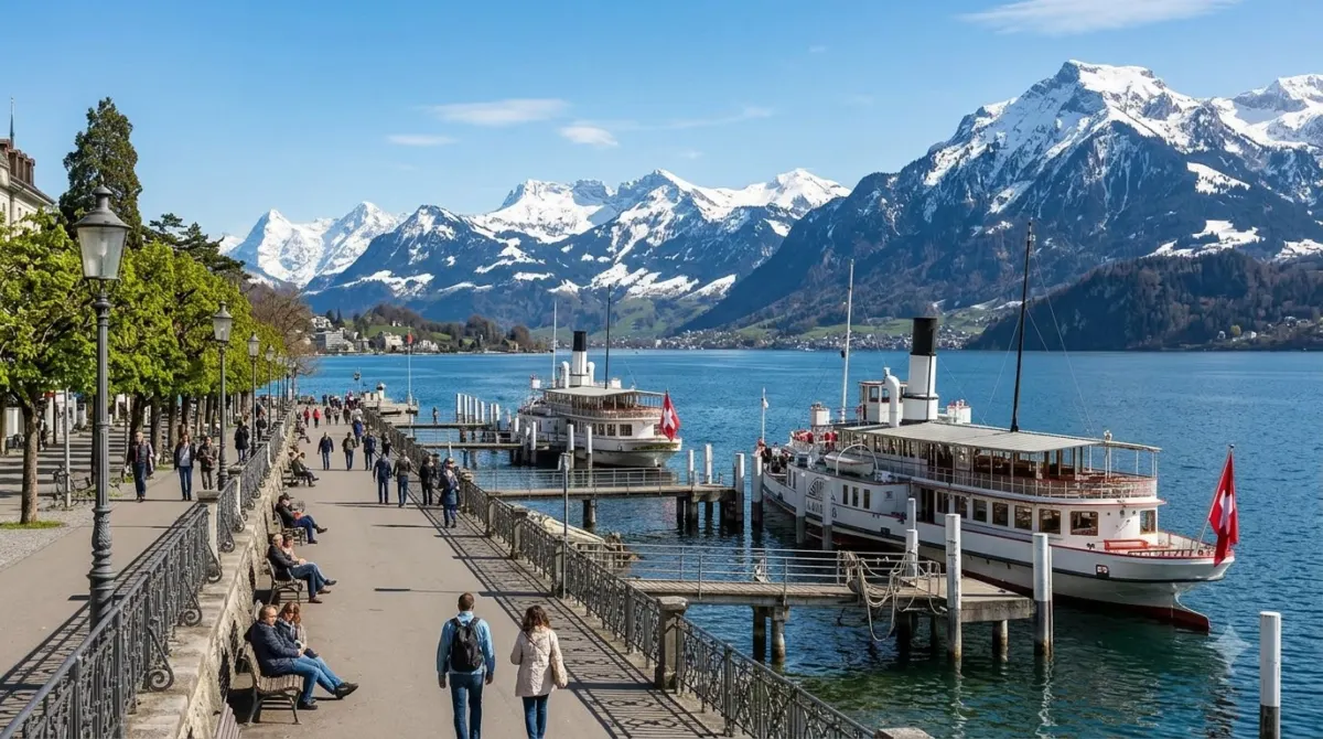 A lakeside promenade with paddle steamers moored and snowy Alps across the water, Lake Lucerne, Switzerland