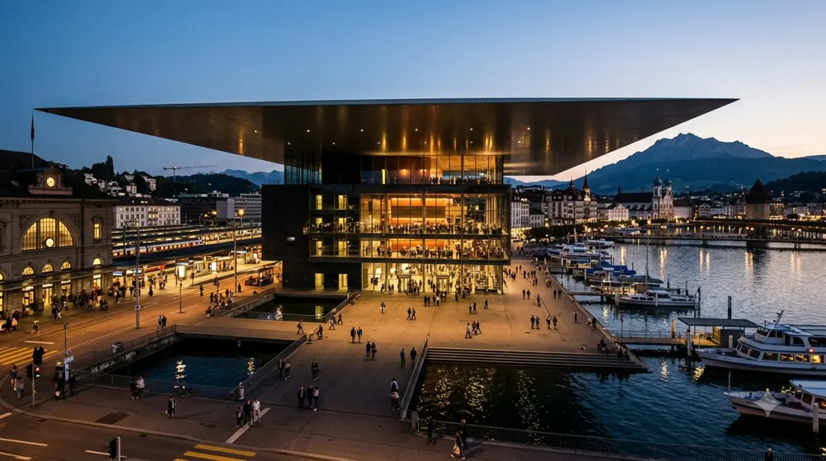 A modern concert hall with a huge flat overhanging roof beside a railway station and a lake, Lucerne, Switzerland