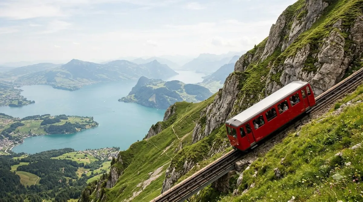 A red cogwheel train climbing a steep green mountain slope with a lake far below, Mount Pilatus, Switzerland