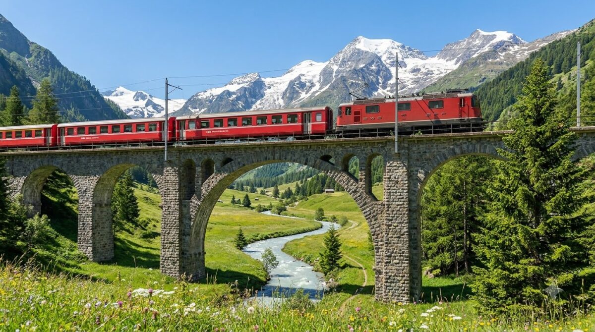 A red Swiss train crossing a stone viaduct through a green alpine valley with snowy peaks behind, Switzerland