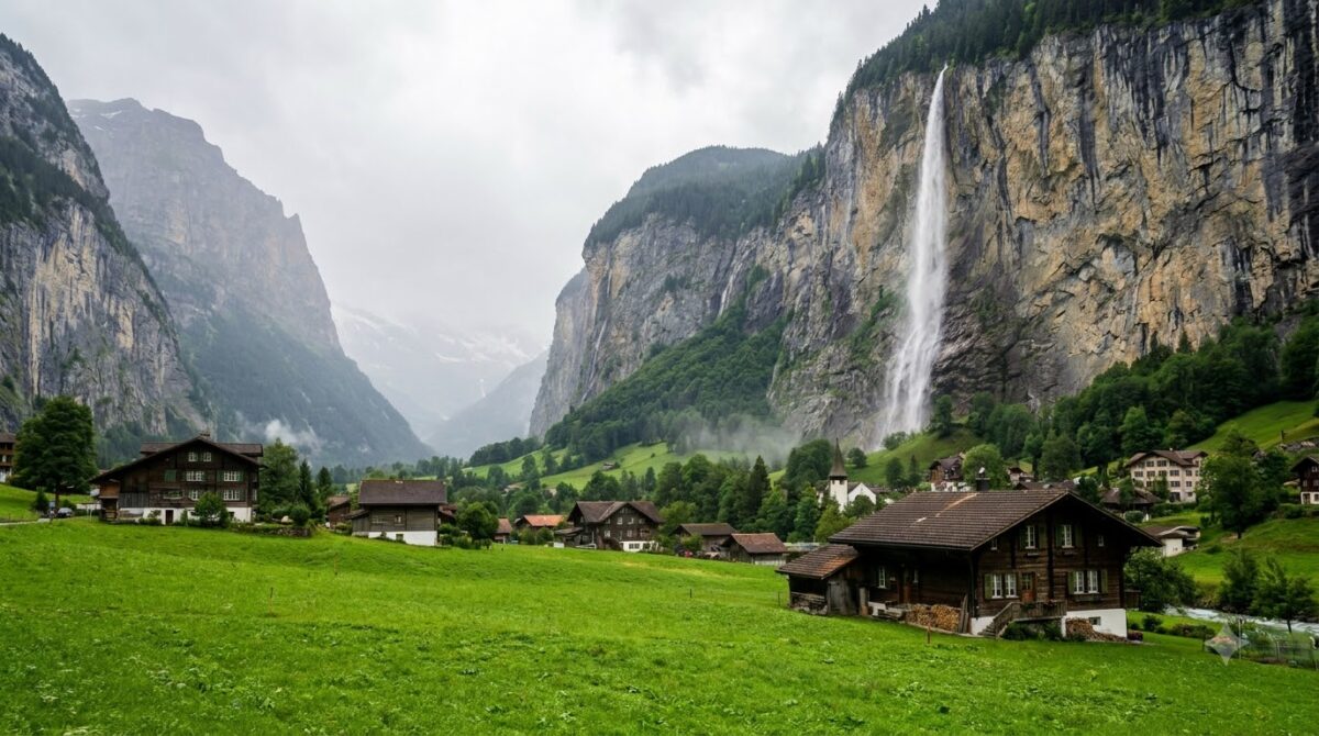 A deep green valley floor with vertical cliffs and a tall waterfall and wooden chalets, Lauterbrunnen, Switzerland