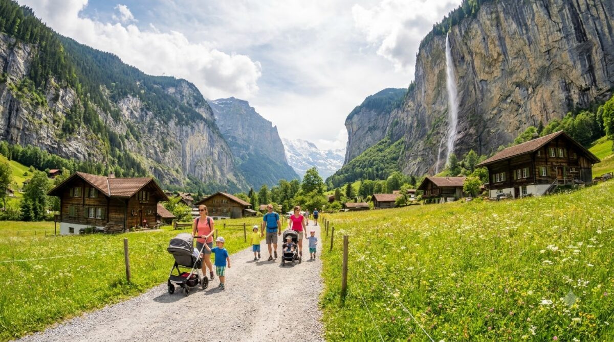 A wide flat valley path between meadows with wooden chalets and high cliffs on both sides, families walking, Lauterbrunnen, Switzerland