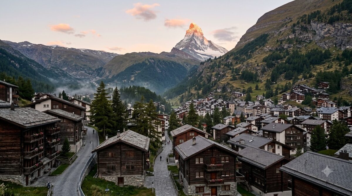 A car free alpine village of dark wood chalets with a sharp pyramid peak behind at sunrise, Zermatt, Switzerland