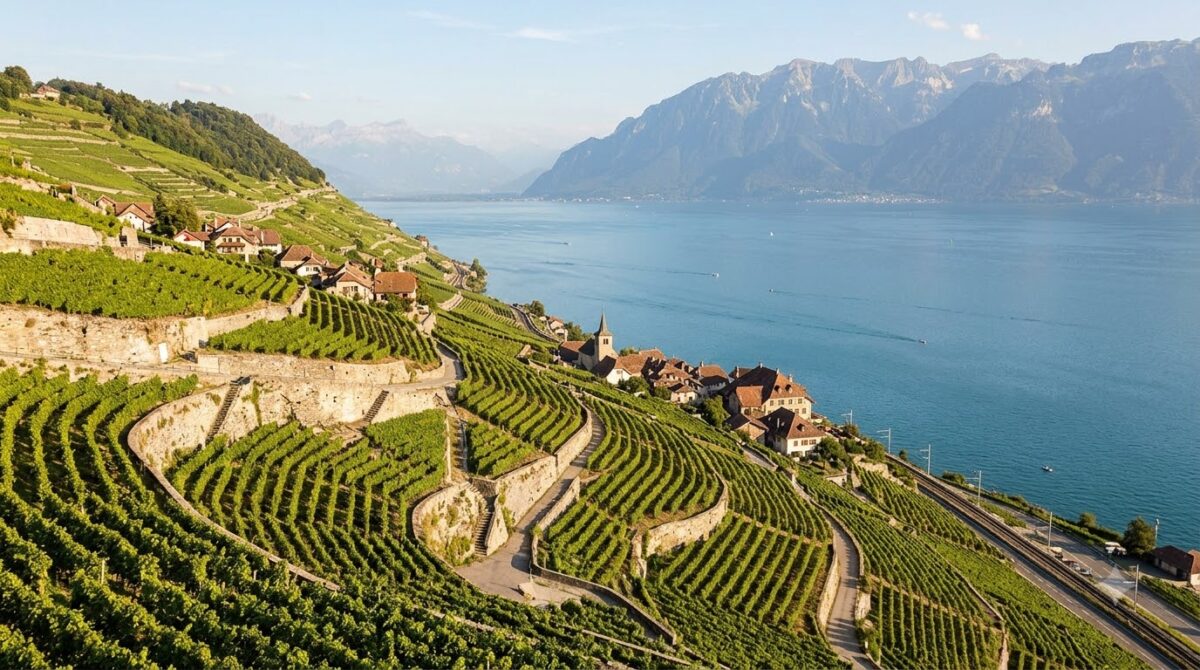 Steep terraced vineyards dropping to a large blue lake with mountains across the water, Lavaux, Switzerland