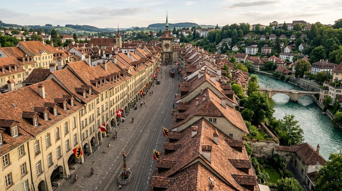 A long street of sandstone arcaded buildings with a clock tower and a river bend below, Bern old town, Switzerland
