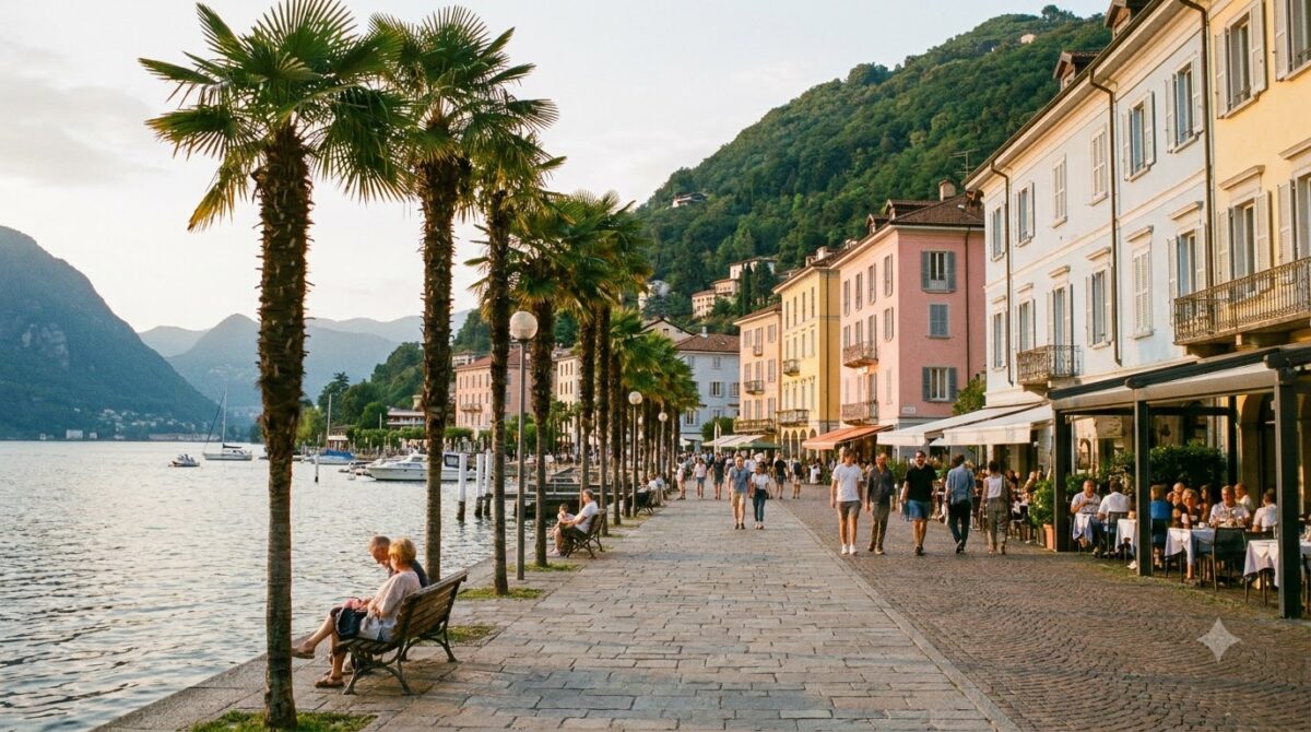 A palm lined lakeside promenade with pastel Italianate buildings and green hills, Lugano, Ticino, Switzerland