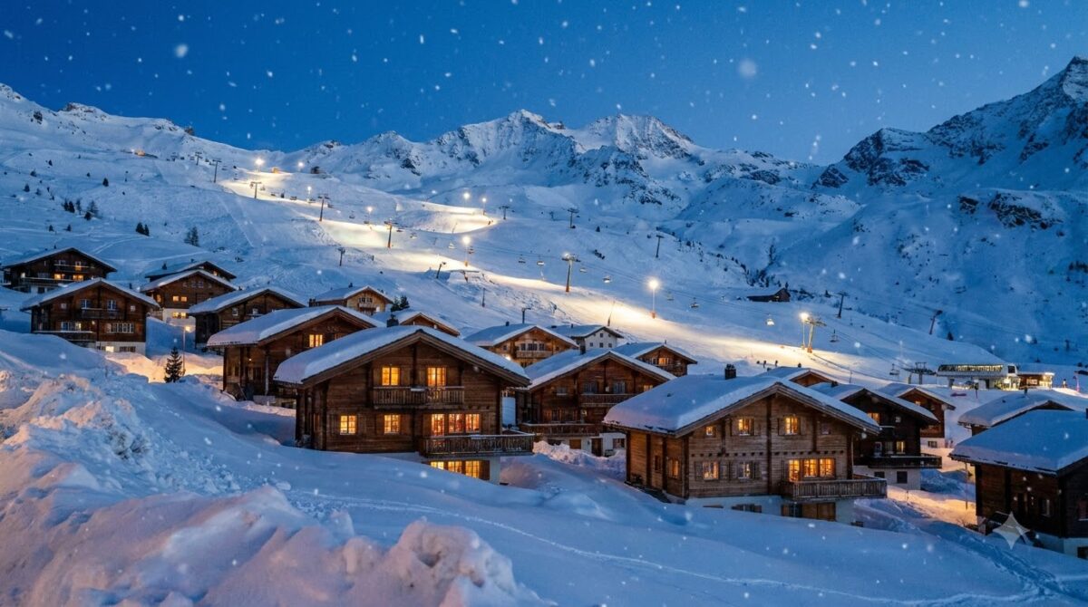 A snowy alpine village of wooden chalets at dusk with lit windows and ski slopes above, Swiss Alps, Switzerland