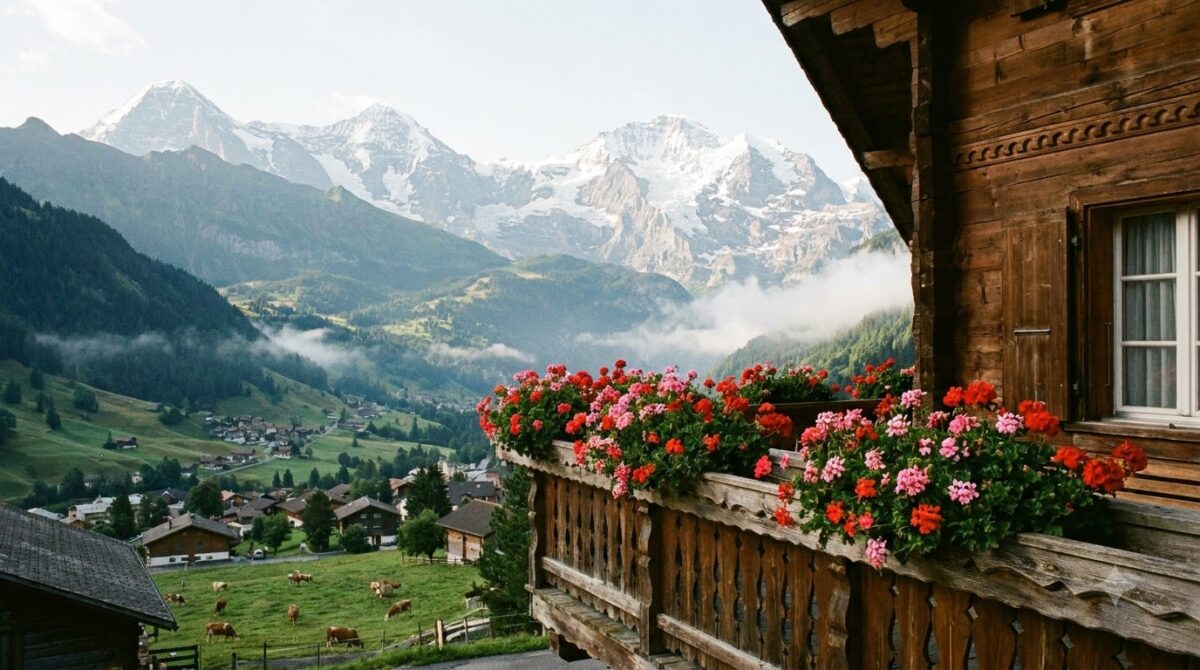 A wooden alpine hotel balcony with geraniums looking out over a valley and snowy peaks, Switzerland