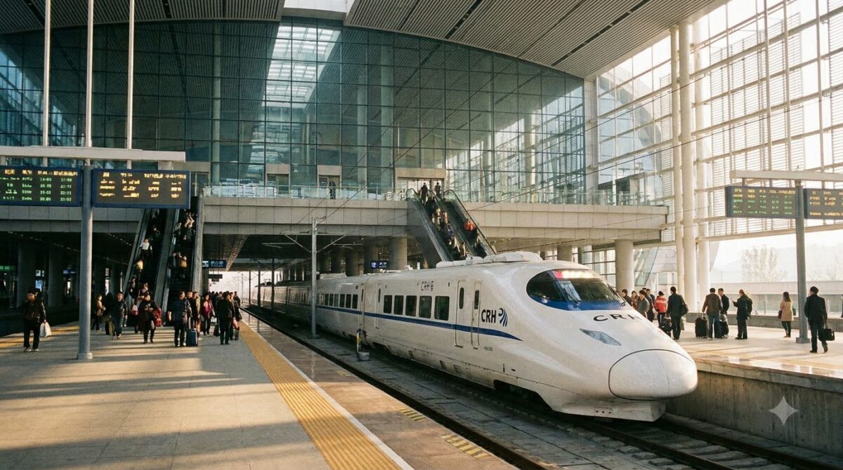 A white high speed train at a vast modern station platform with departure boards, China