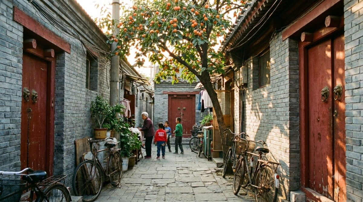 A narrow grey brick alley with red doors, bicycles and a persimmon tree in a Beijing hutong, China