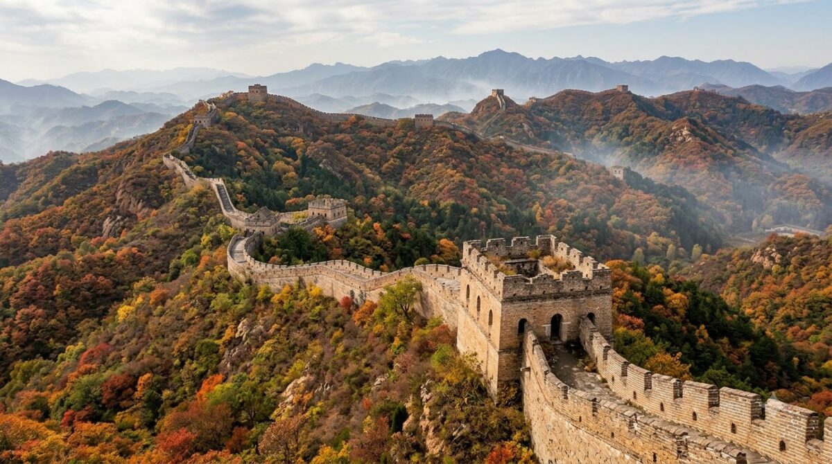 The Great Wall of China running along a forested mountain ridge with watchtowers, autumn colours