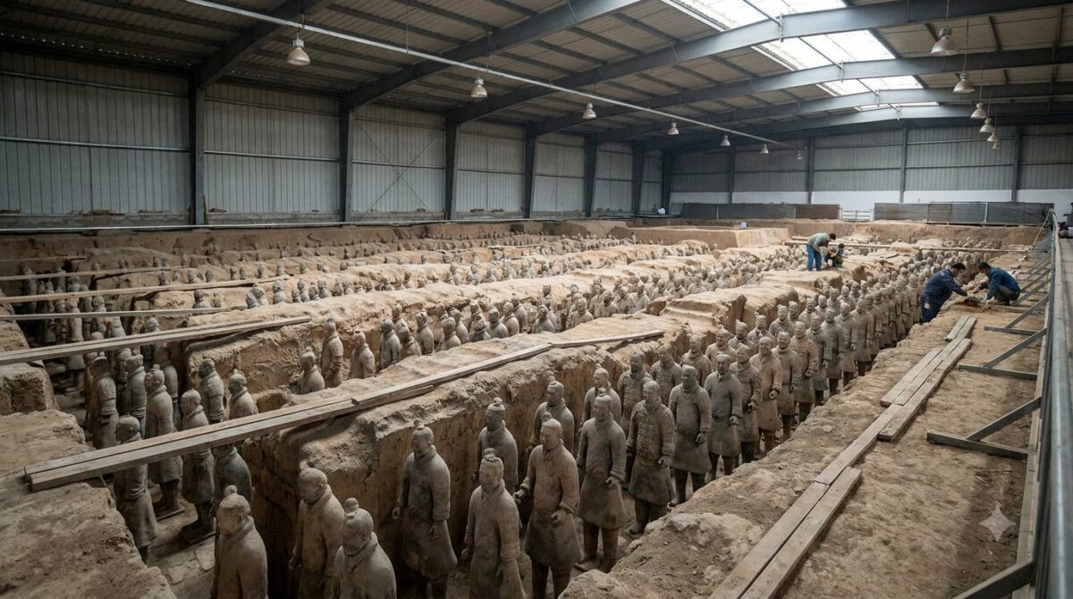 Rows of life size terracotta warrior statues in an excavation pit inside a large hangar, Xian, China