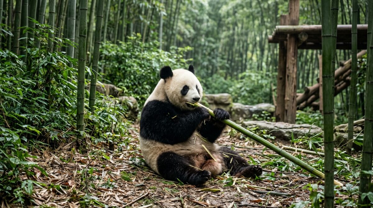 A giant panda sitting in a bamboo grove eating a stalk at a research base in Chengdu, China