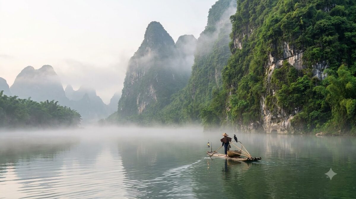 Steep green limestone karst peaks rising from a calm river with a bamboo raft, Guilin, China
