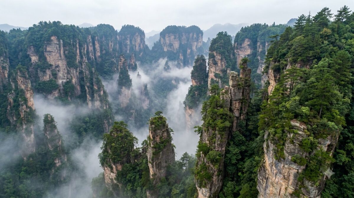Tall narrow sandstone pillars covered in pine trees rising out of mist in a deep valley, Zhangjiajie